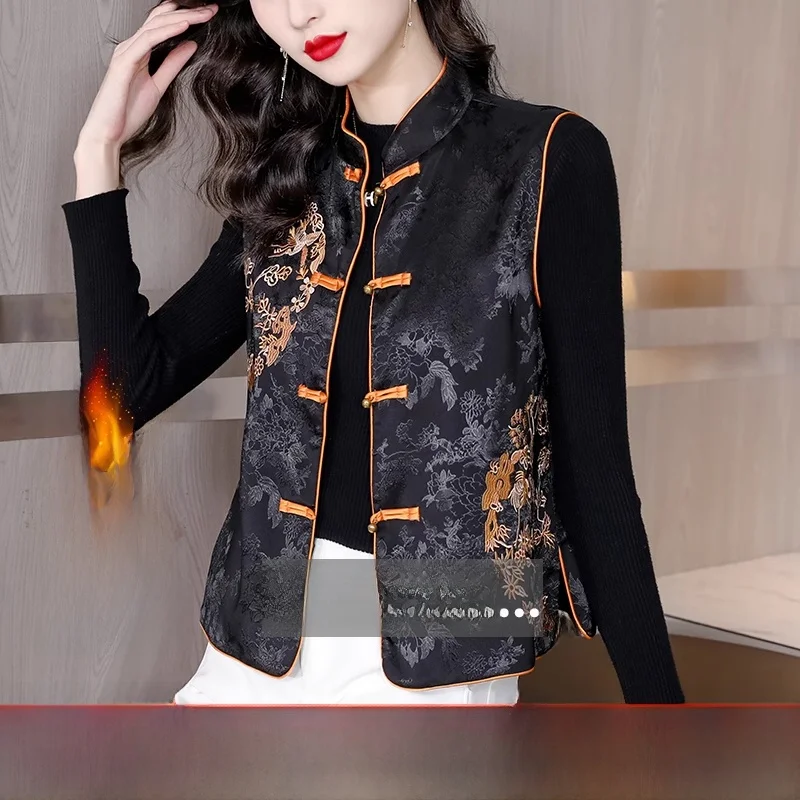 

Женский жилет-пальто Fro, весенне-осенне-зимняя верхняя одежда, пушистый хлопок, вышитый национальный теплый китайский топ на пуговицах...