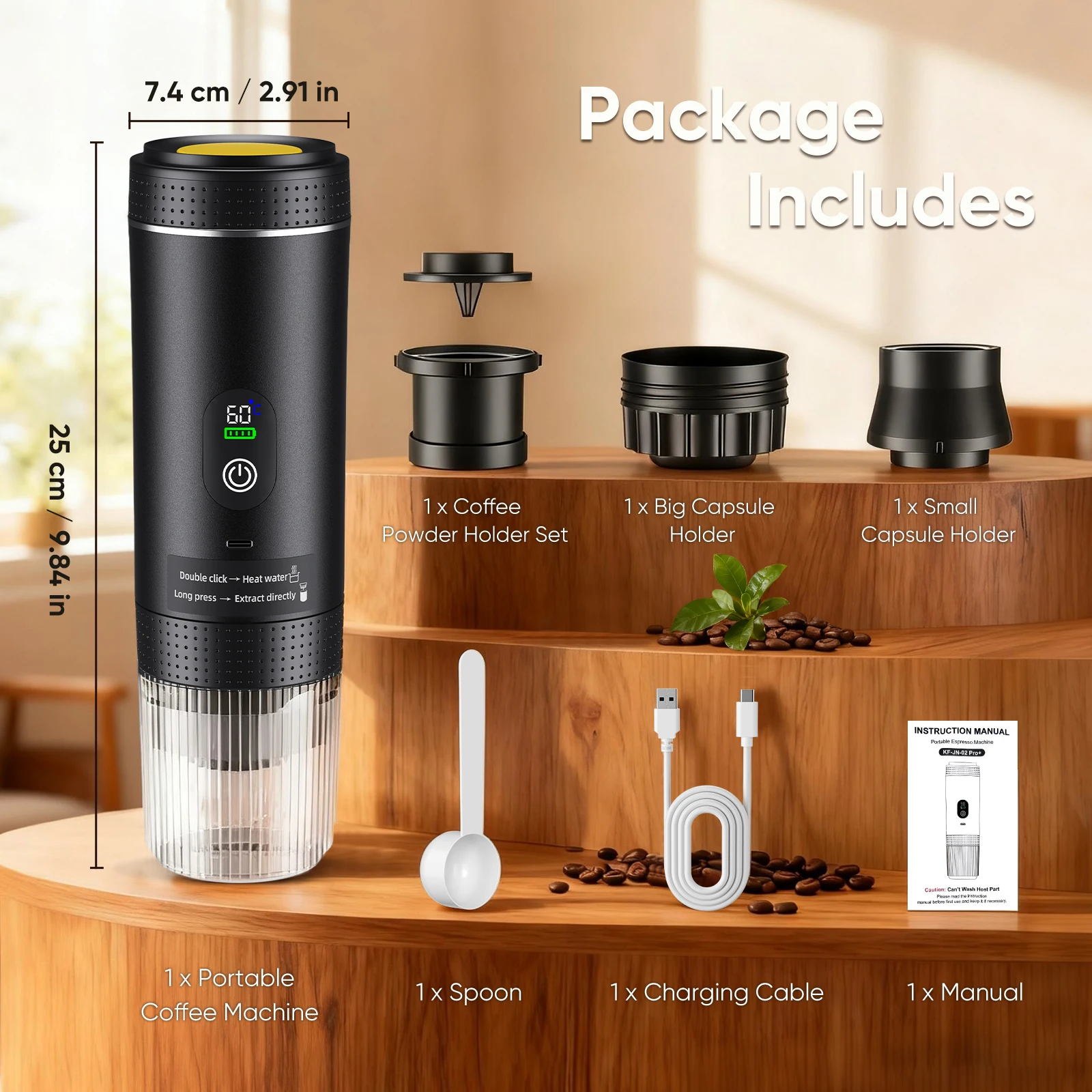 Draagbare espressomachine met digitaal display 3-in-1 capsulekoffiezetapparaat voor auto, thuis, kantoor, camping koffiezetapparaat