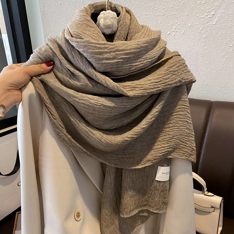 Artistic Pleated Wrap Cotton Gauze Scarf Khaki Color Big Scarf Women Solid Color Vintage Shawl Casual Scarfves Four Seasons