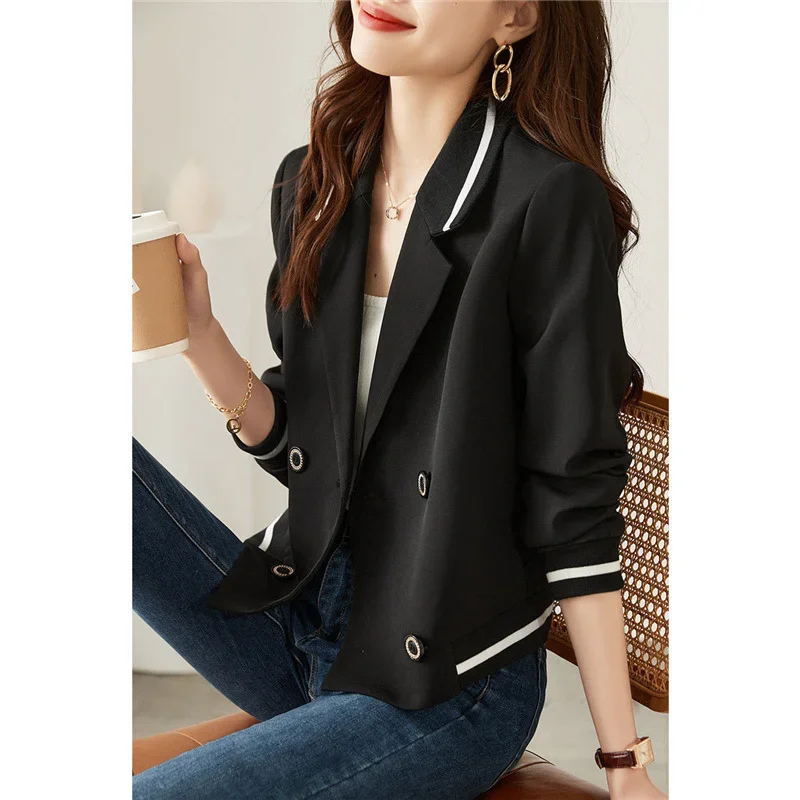 Fashion musim semi musim gugur wanita, mantel Luaran jalanan longgar Korea perempuan blazer berlekuk dua baris sederhana Chic warna kontras