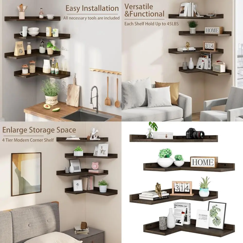 

Set of 4 Rustic Pine L-Shaped Floating Wall Shelves for Home Storage and Décor