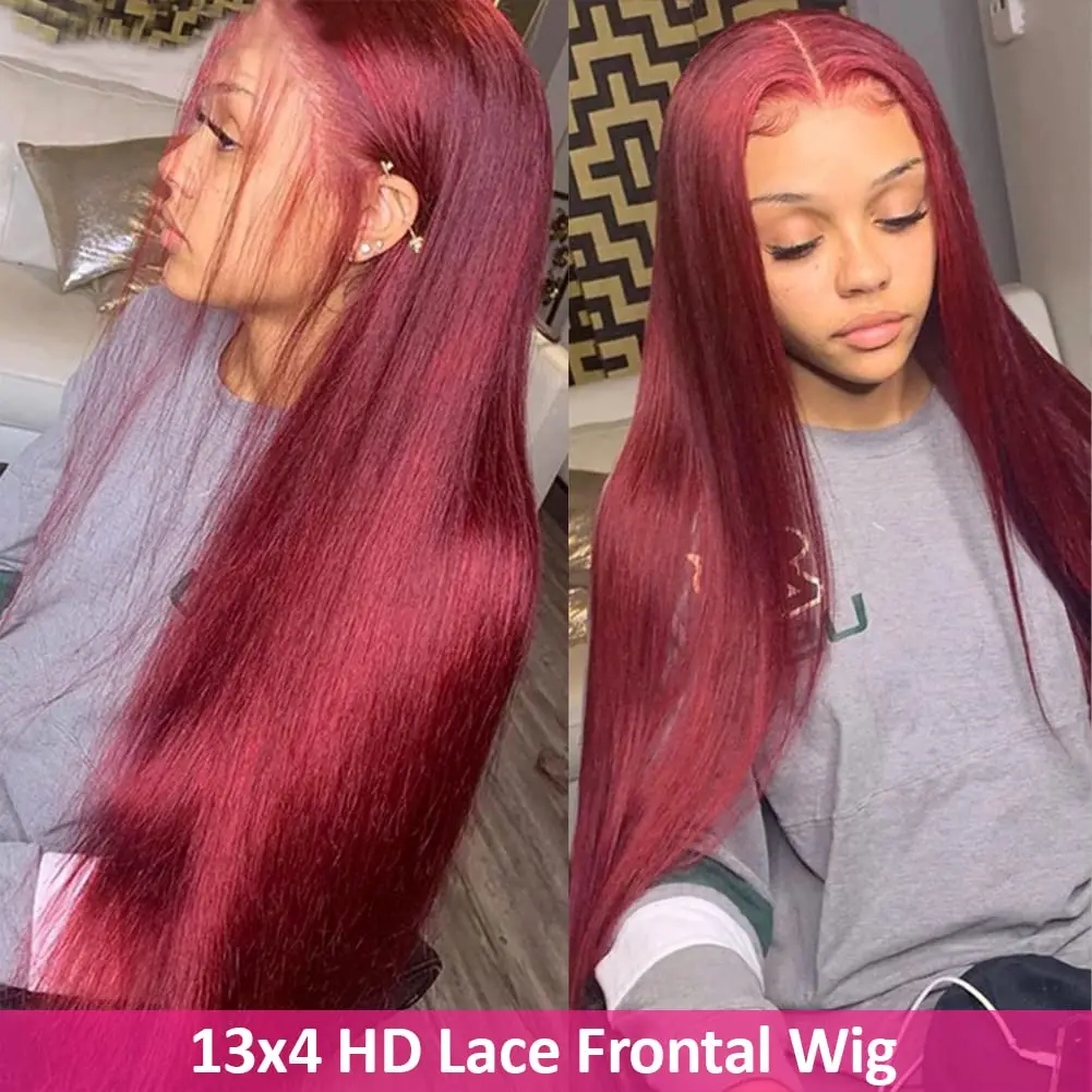 99J Burgundy Straight Lace Front Wigs Pre Plucked 30 Inch Transparent 13x4 13x6 Colored  Lace Frontal Human Hair Wig For Women