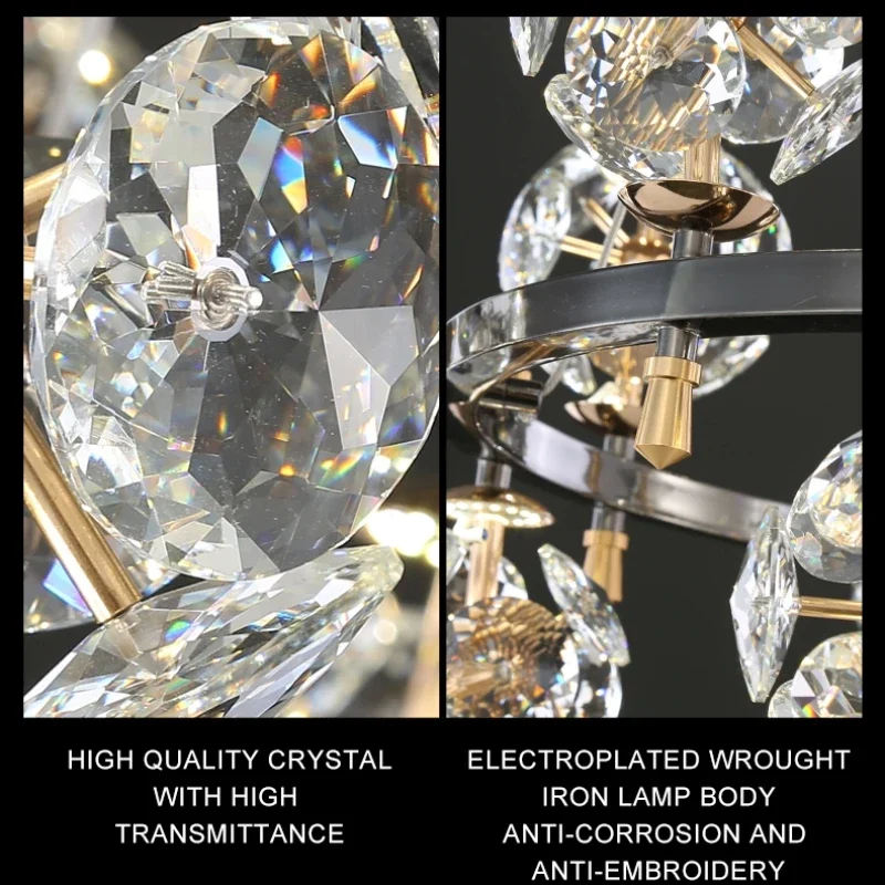 SUN Flower Crystal Chandelier - Luxury Gold & Black Pendant Light | Designer LED Hanging Fixture for Bedroom & Living Room Decor