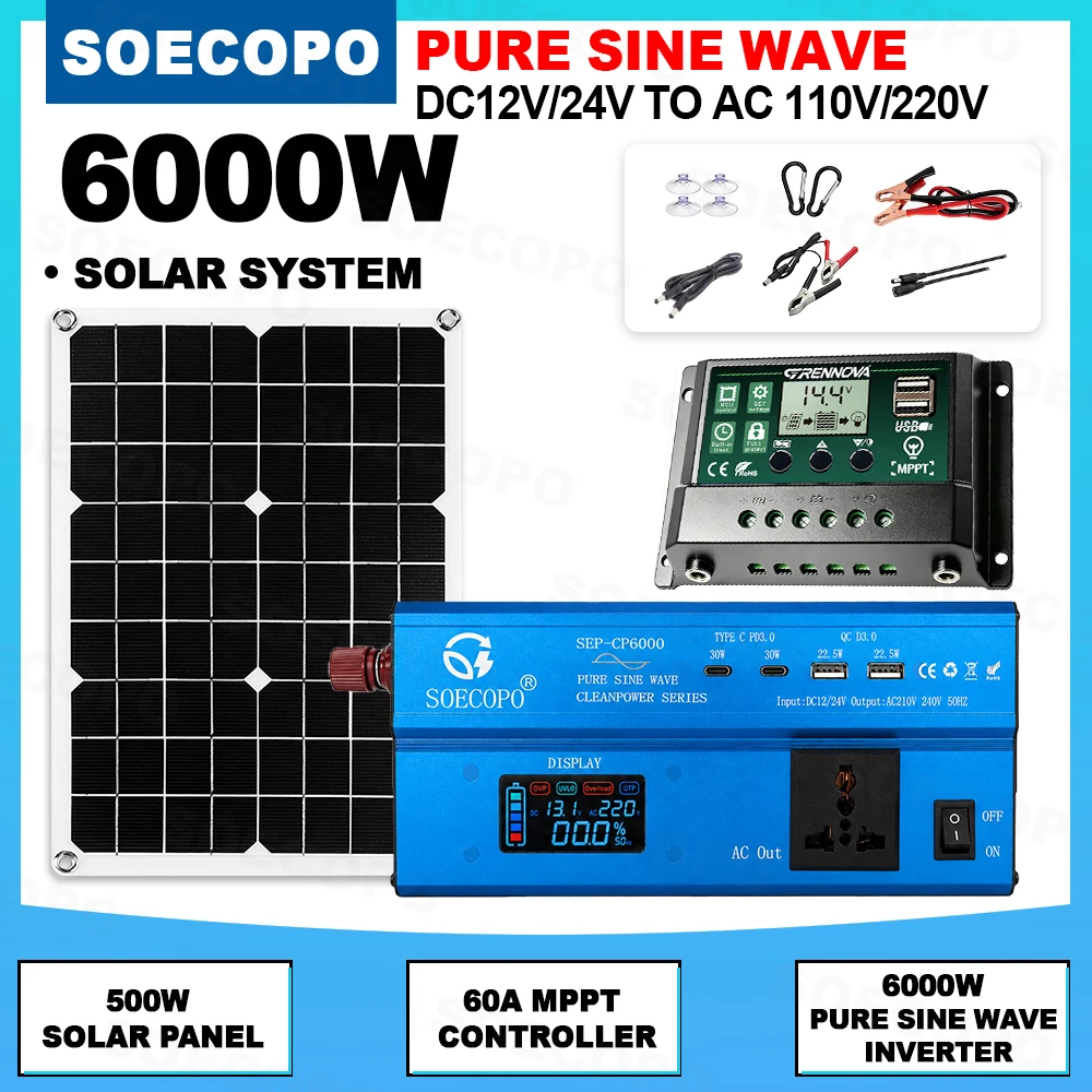 Emergency Backup 6000W Solar Power Kit Pure Sine Inverter + 500W Panel + 60A MPPT DC12V/24V AC110V/220V for Lawn Home RV Camping