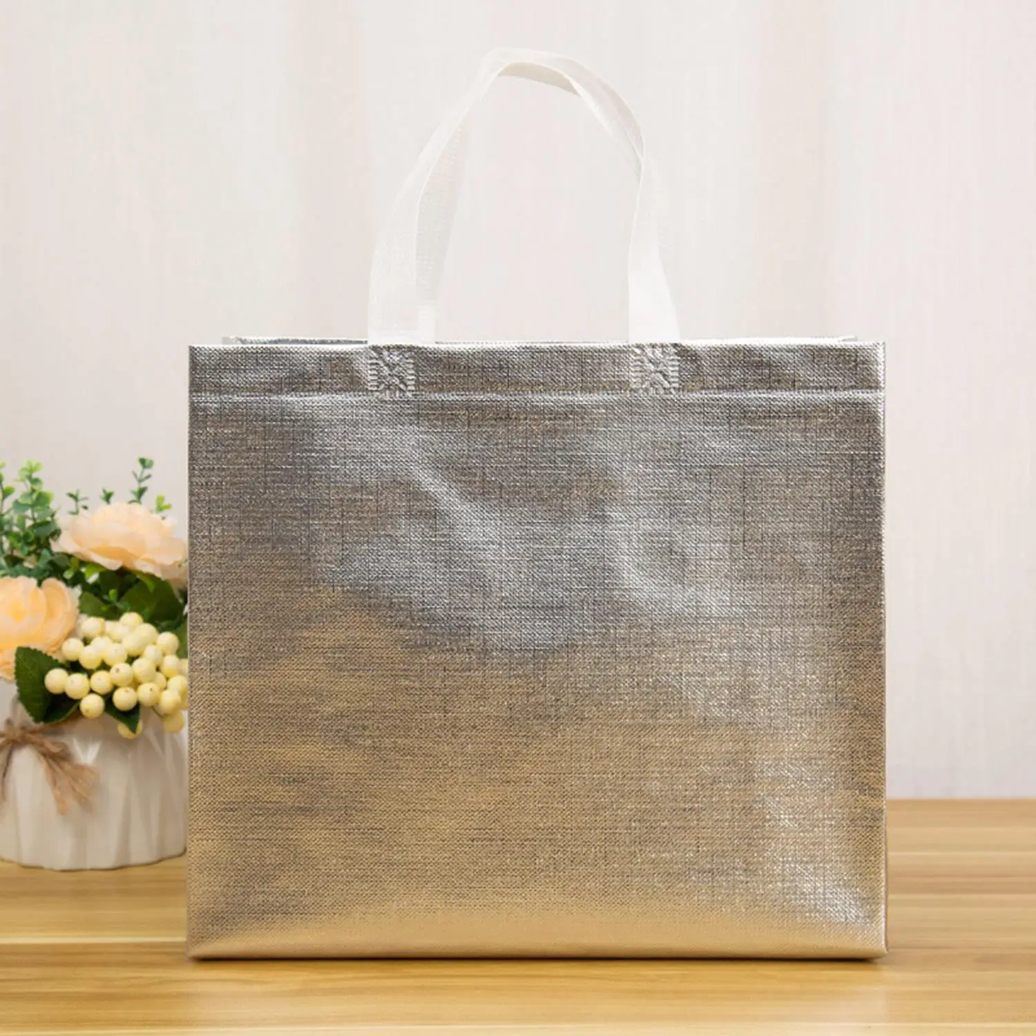 

Silver Color Shopping Bag Eco-Friendly Non-Woven Fabric Handbag Tote Reusable Grocery Shopper Bag Storage Bags Shopping Pouch