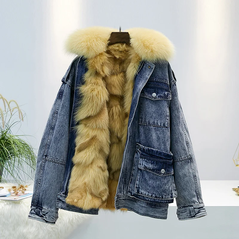 Real 2023 Parka Vintage Denim Fur Coat Winter Jacket Women Natural Fox Fur Collar and Liner Loose Outerwear Oversized Mujer