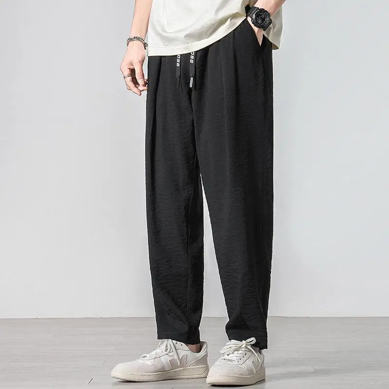 Summer Men's 2024 New Patchwork High Waited Elasticized Drawstring Pockets in Solid Color Comfortable and Versatile Casual Pants