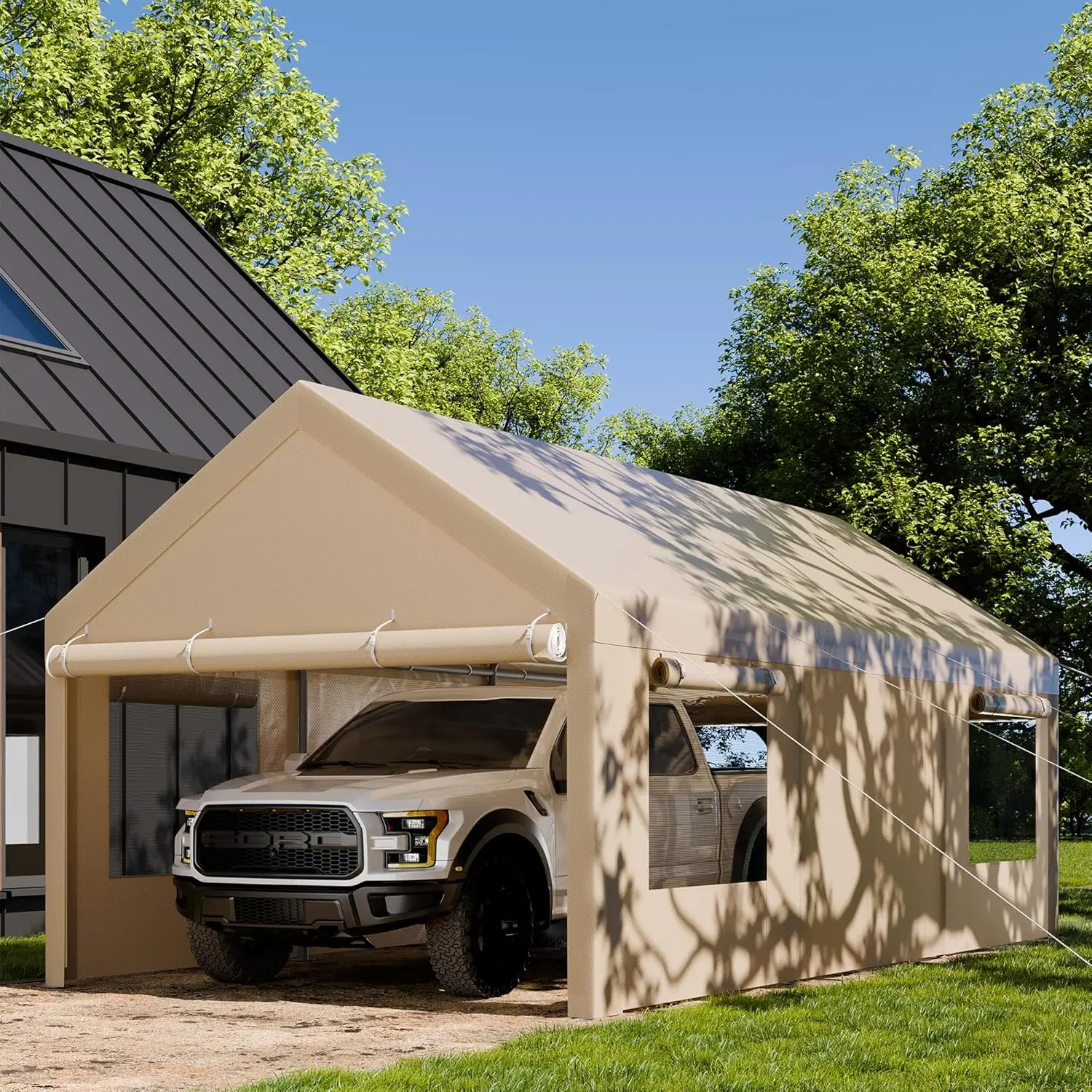 Jamfly Carport, 10X20 Ft Heavy Duty Carport Canopy With Roll-Up Windows, Portable Garage With Removable Sidewalls & Doors, Car