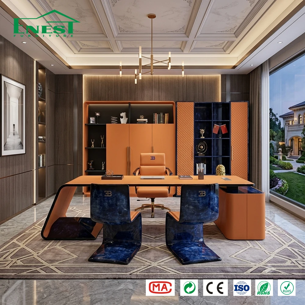 Modern Luxury Leather Executive Desk Set with Bookcase One-stop Solution Whole House Furniture Customization for CEO Office