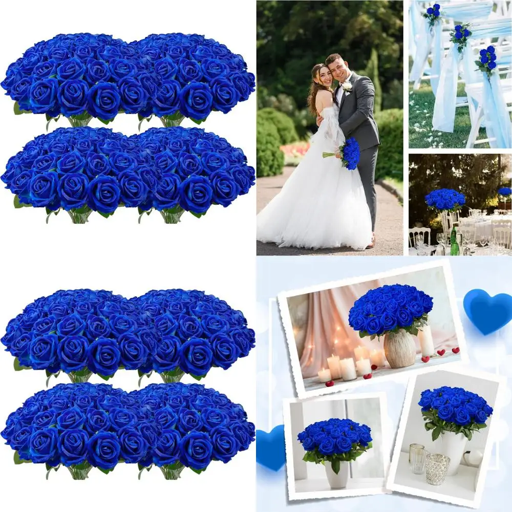 

100 Pack Premium Blue Velvet Silk Roses with Long Stems - Ideal for Weddings, Centerpieces, and Valentine's Day Home Decor