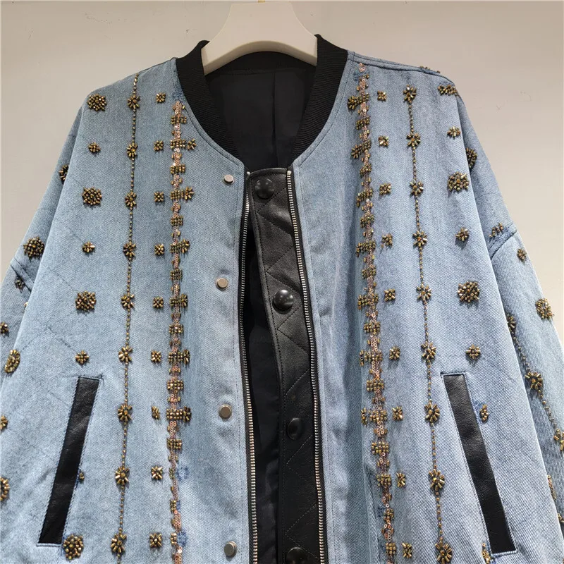HKSH 봄 가을 신상 여성 데님 재킷 비즈 장식 컬러 블록 패치워크 스탠드 칼라 지퍼 우아한 인스 캐주얼 Y2K 코트 HK16168