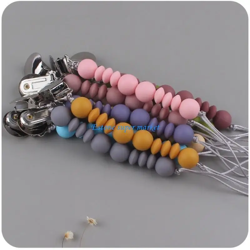 

090B Baby Pacifier Clip Dummy Clips Anti-drop Chain Soft Silicone Bead Hanging Clip Infant Teething Relief Nipple Clip