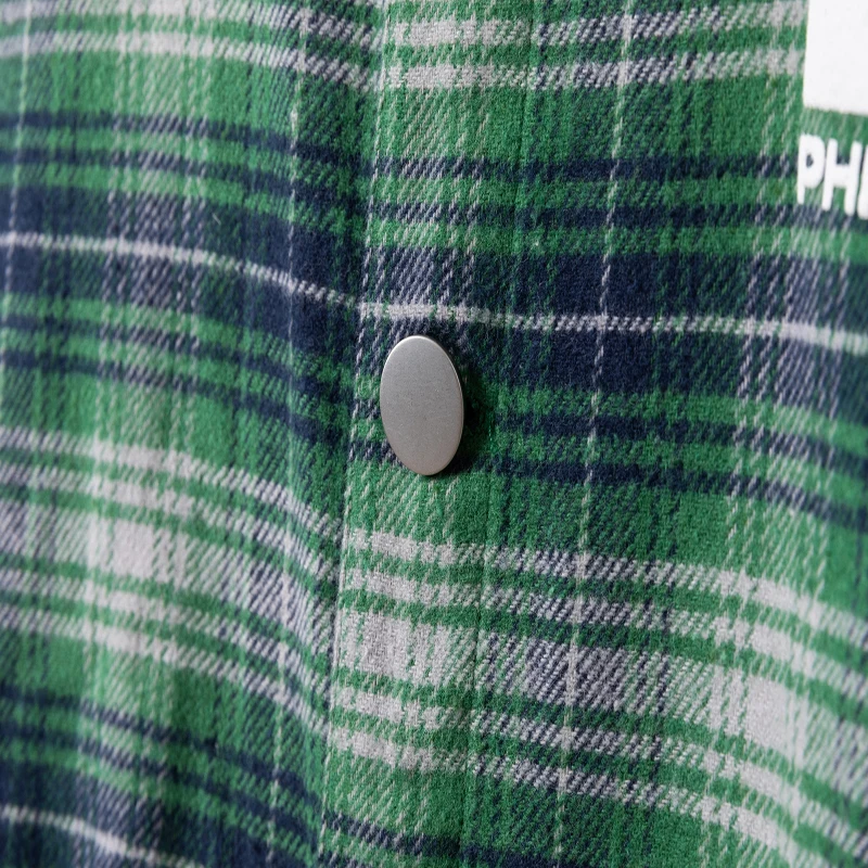 Autumn New Foam Letter Logo Blue-green Checkered Shirt Trendy Vintage Clothing Men Women Loose Casual Shirt Blouse V-shape