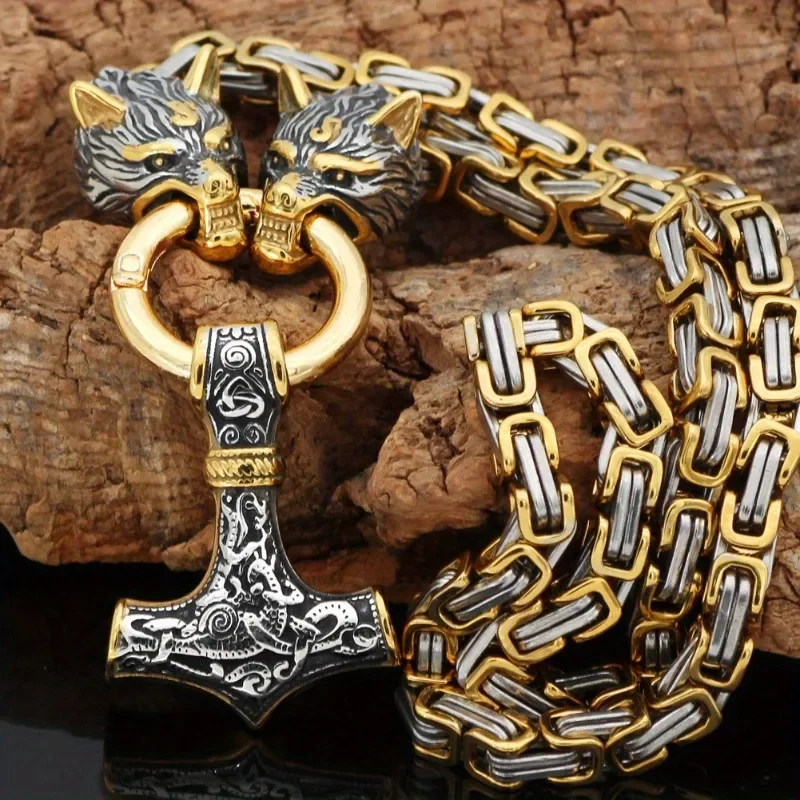 Stainless Steel Wolf Head  Amulet Thor Hammer Pendant Necklace Pirate King Chain Men's Necklace Pendant