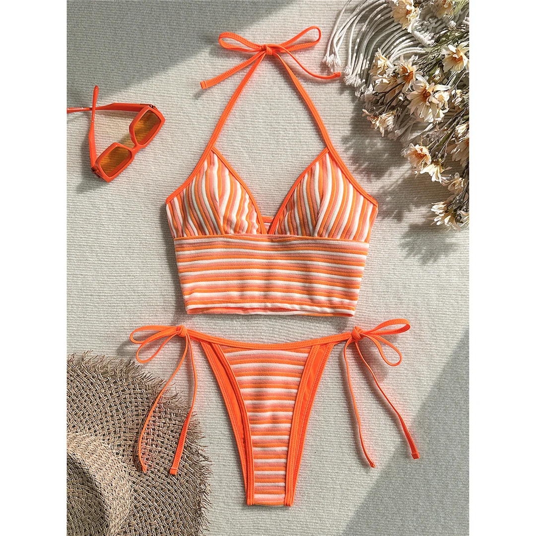 Gestreifter Tankini mit V-Ausschnitt, Damen-Bikini, zweiteiliger Badeanzug, gepolsterter Badeanzug, Badebekleidung, V8385 – Detail 2