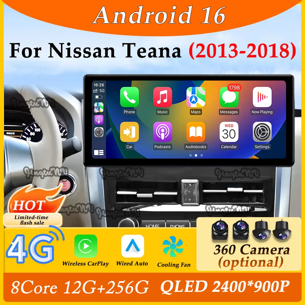 

12,3-дюймовый автомобильный радиоприемник CarPlay Android 16, видео-мультимедийный плеер для Nissan Teana 2013-2018 GPS Navi, ультратонкий экран DSP Stereo BT