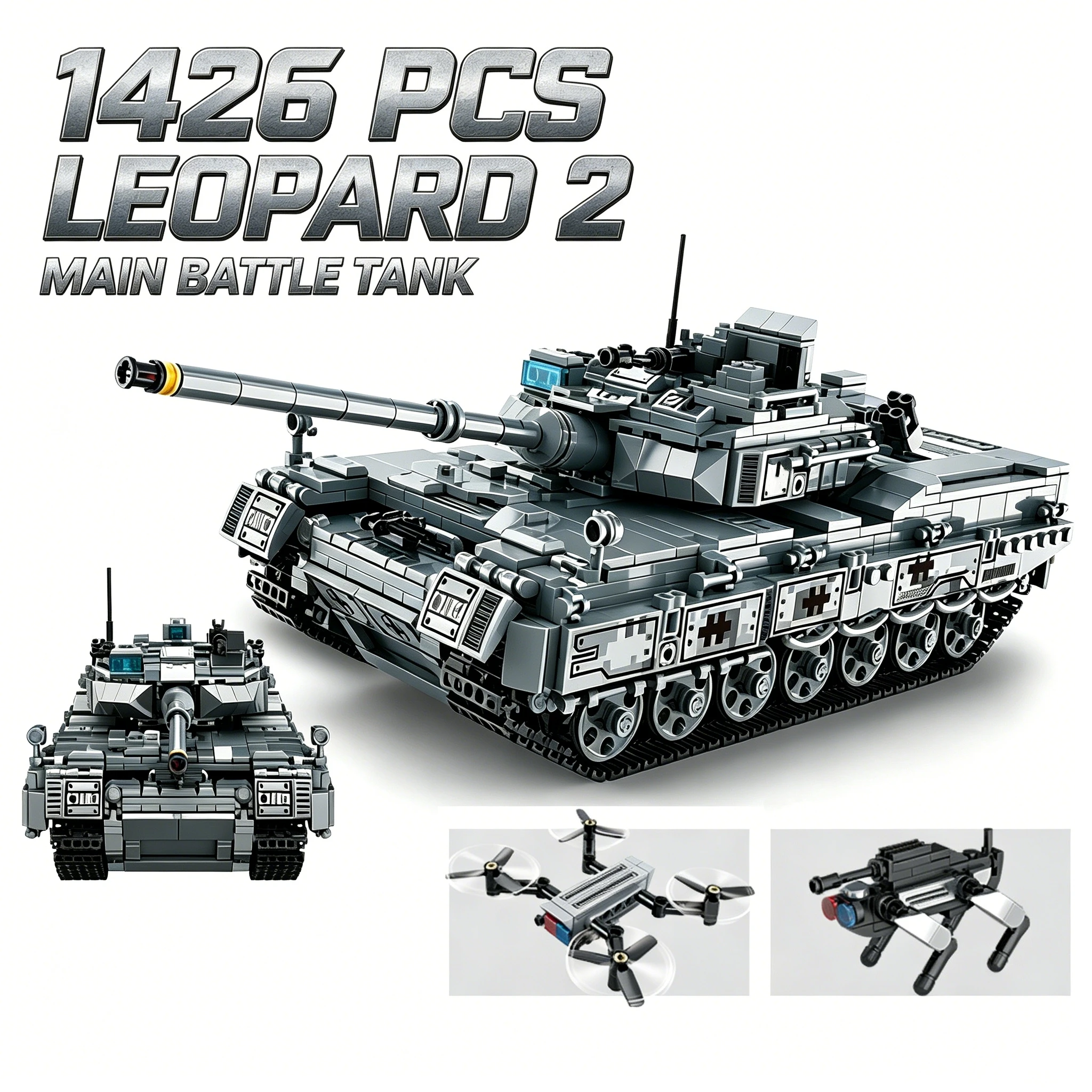 1422+PCS Leopard 2A7 Char d'assaut principal, Blocs de construction, Briques de soldats militaires, Modèle à assembler soi-même, Jouets, Cadeau de Noël et d'anniversaire