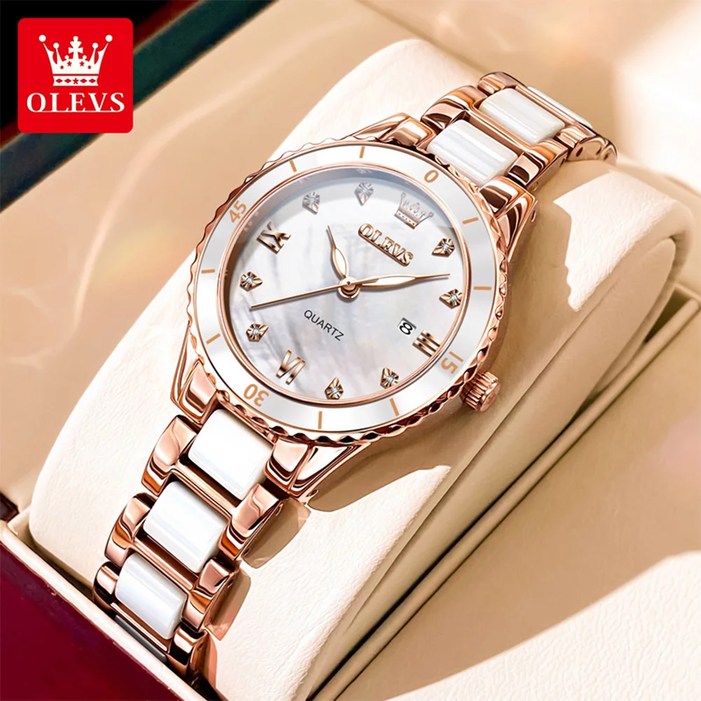 

OLEVS 9985 Ladies Dress Wristwatch Waterproof Calendar Roman Scale Ceramic Strap Fashion Simple Women Quartz Watch