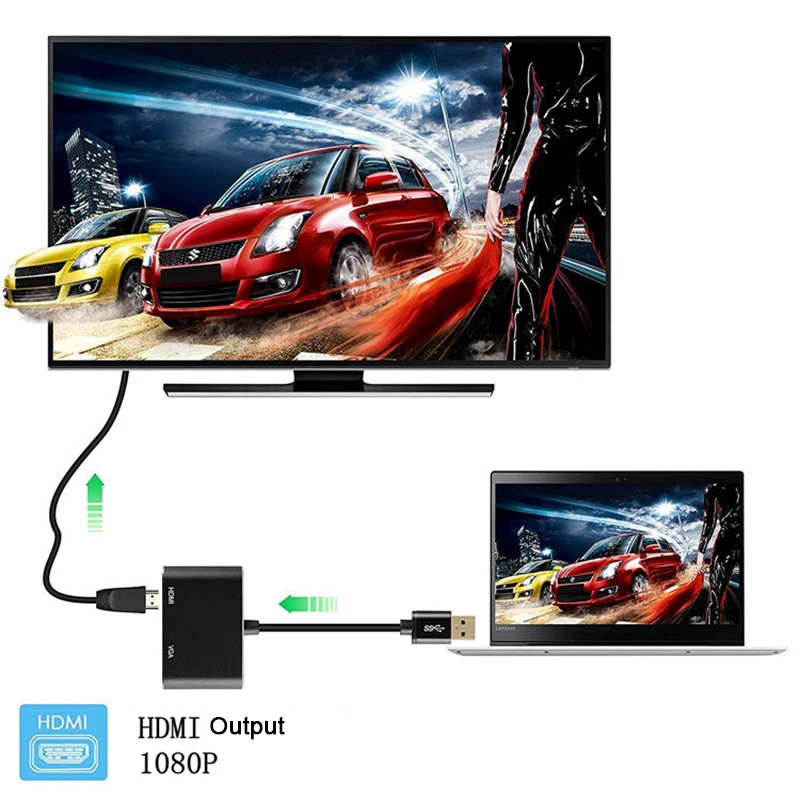 Adapter 2 w 1 USB 3.0 na HDMI VGA Konwerter 1080P HD bez sterowników dla Windows 11 10 8 7 XP Mac OS Przedłużacz ekranu Kabel HDMI VGA