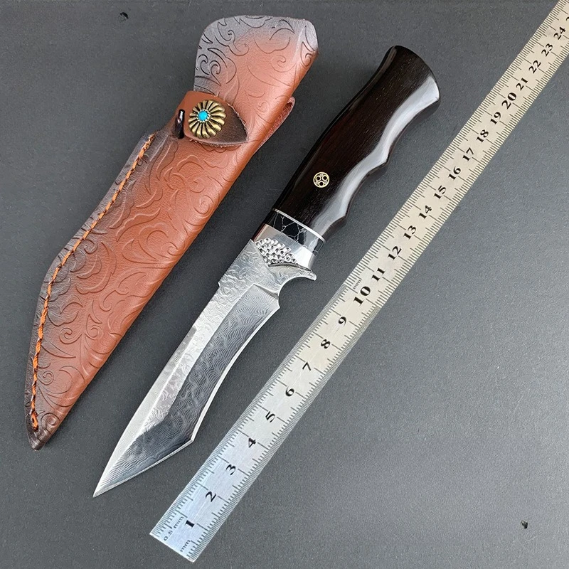 RHON VG10 Damascus Steel Blade Outdoor Integrated Straight Knife Fixbed Tanto Blade for Camping and Survival Knives Ebony Handle