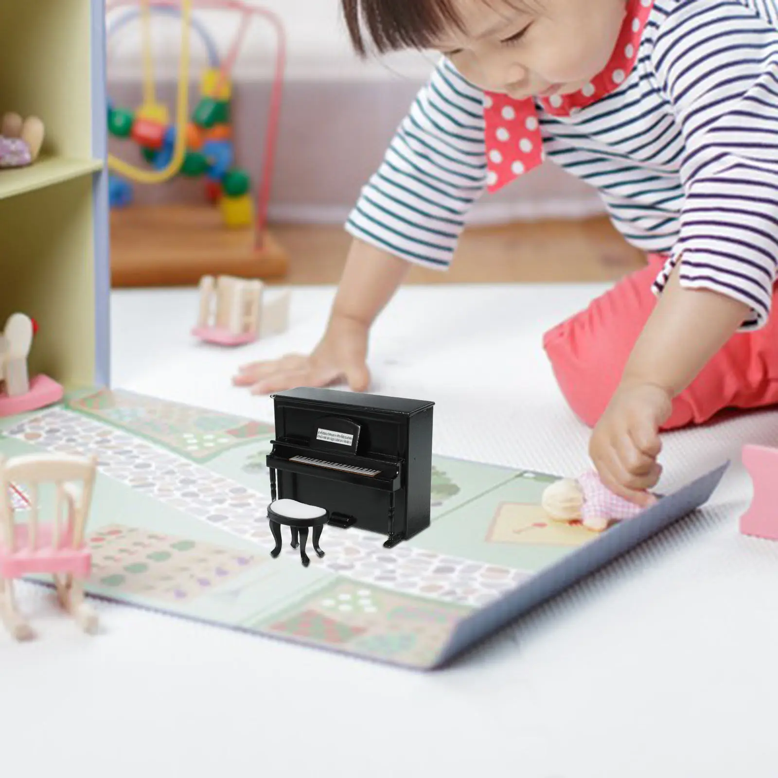 

1Set Realistic Mini Upright Piano with Stool for Dollhouse Interiors Mini House Accessories Wooden Craft Decorative Micro
