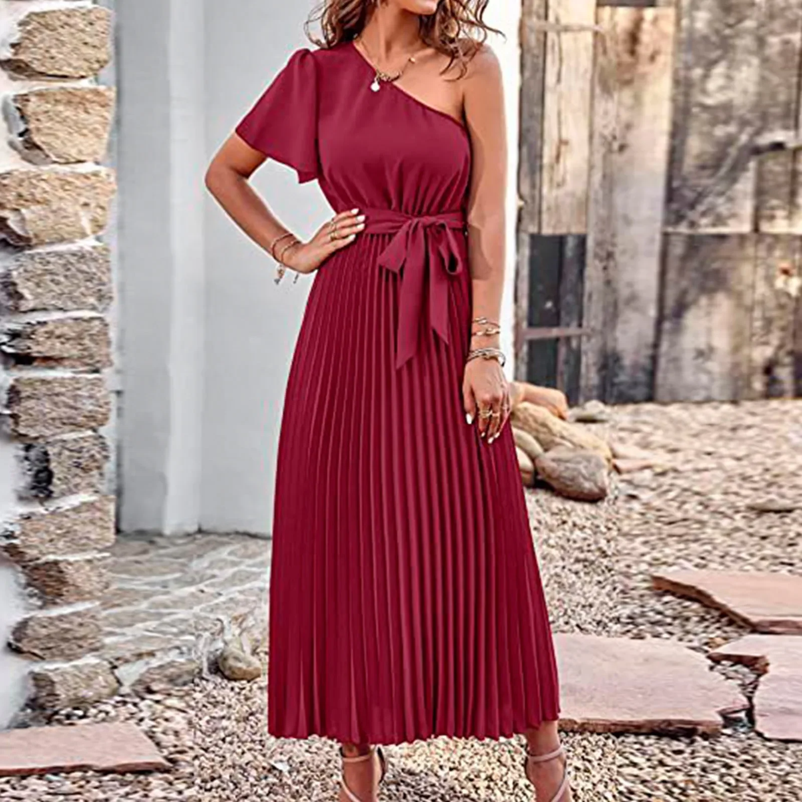 

Elegant Women Even Dresses Luxury Maxi Long Pleated Dress Women One Shoulder Sleeveless For Party Birthday Gowns Robe Clothes