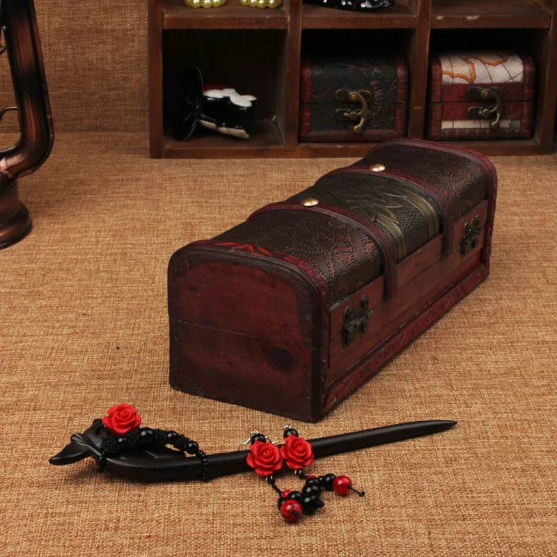 Vintage Suitcase Wooden Treasure Chests Jewelry Storage Box with Lock Desk Earring Necklace Bracelet Rings Hairpin Gift Case New