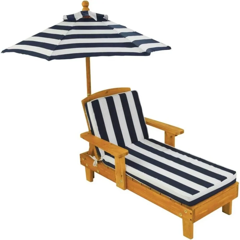 

Outdoor Wooden Chaise Lounge, Backyard Furniture Chair with Umbrella and Cushion, for Kids or Pets,Navy and White Striped Fabric