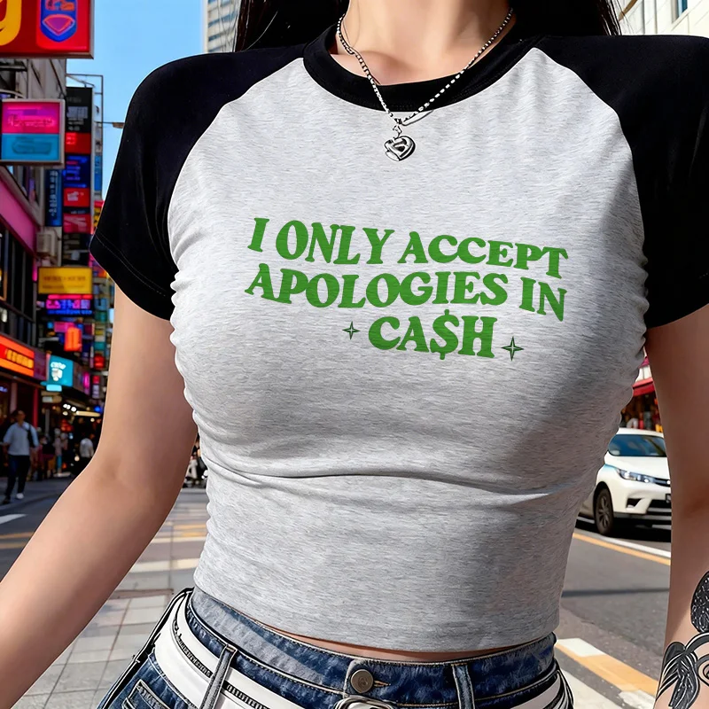 Women's Short Sleeve Cropped T Shirt Graphic Tshirt Fashion T-shirt I Only Accept Cash Apologies Print Sexy Crop Tops Clothes