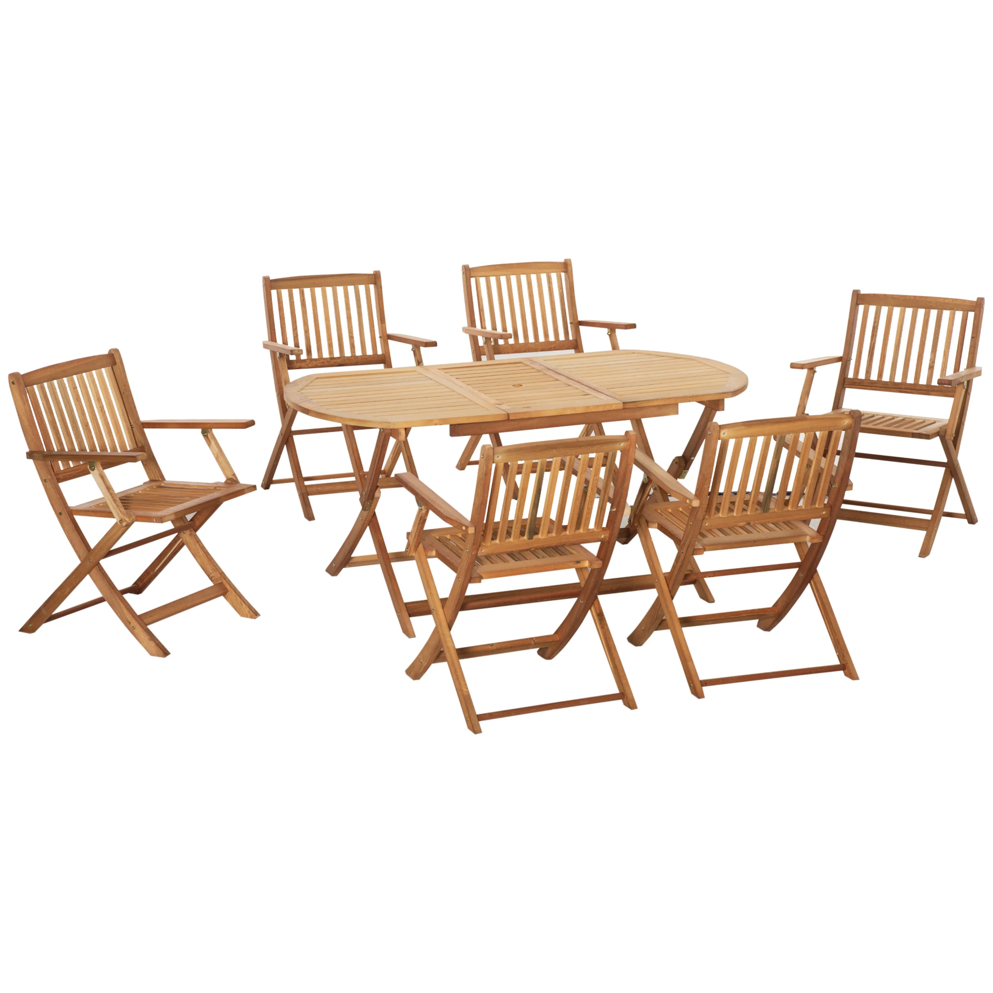 Outsunny folding wooden garden set 7 pieces dining table 160x85x72 cm with umbrella hole Ø 38mm 6 chairs