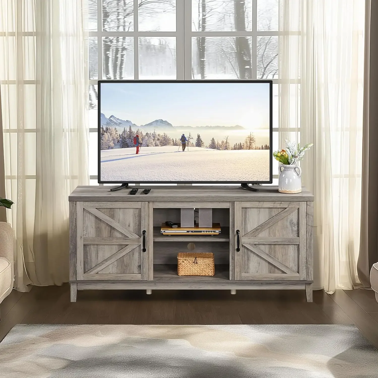 TV Stand, Farmhouse TV Stand for Living Room, Entertainment Center with Double Barn Doors for 65 Inch TV, Gray