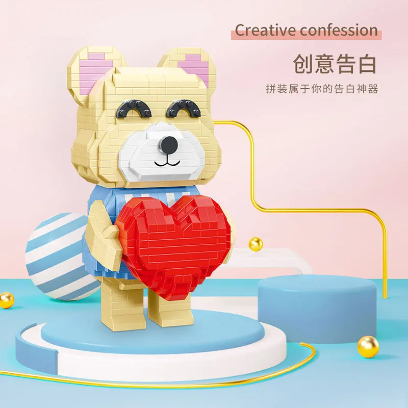 Moyu Mini Blocks Birthday Wedding Valentines Day LOVE Cartoon Bear Building Bricks Toys for Children Gifts with Display Box