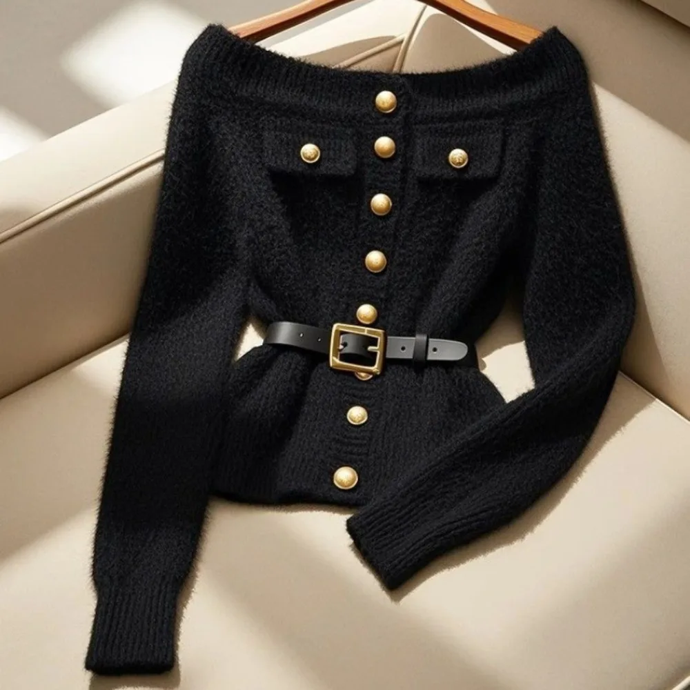 Neploe Elegant Slim Celebrity Casual Belt Pull Femme Warm Thicked Slash Neck 2025 Crop Tops French Style Small Fragrance Mujer