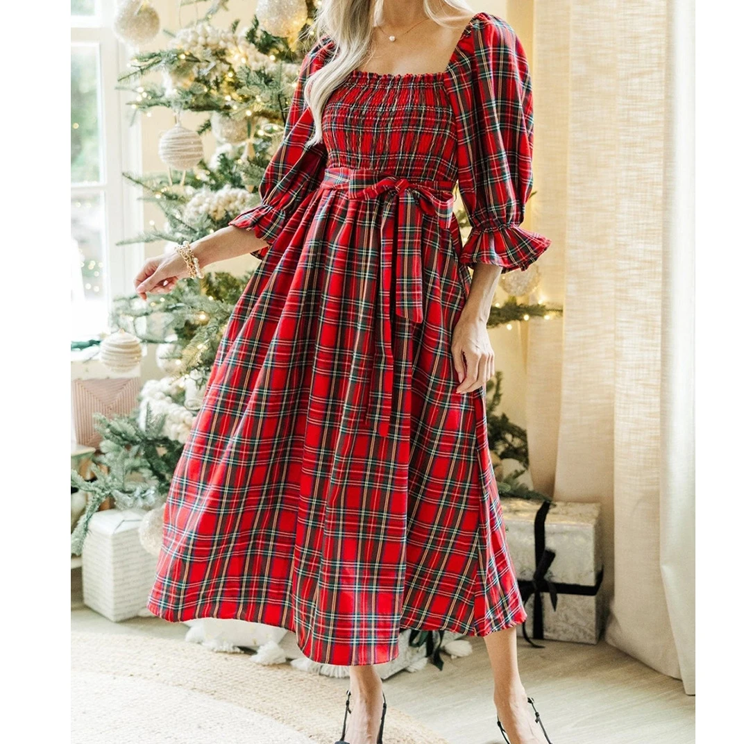 فستان نسائي صيفي خريفي طويل عتيق بأكمام منتفخة ورقبة مربعة وخصر عالي منقوش #5