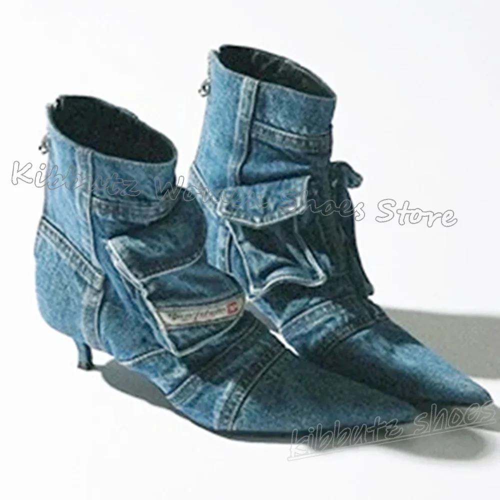

Pocket Ankle Boots Denim Cloth Fashion Fashion Elegant Luxury Concise Novelty Back Zippers Women Shoes New Pointed Toe Thin Heel