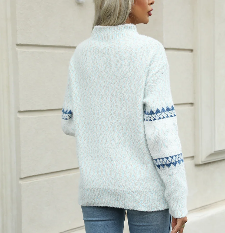 

2025 Snowflake Embroidery Casual Fashion Knitted Sweater Winter Women's Semi High Neck Elegant Casual Slim Fit Knitted Top