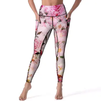 Aquarel Rose legging sexy roze bloemenprint push-up yogabroek esthetische elastische legging dames grafische fitness sport legging