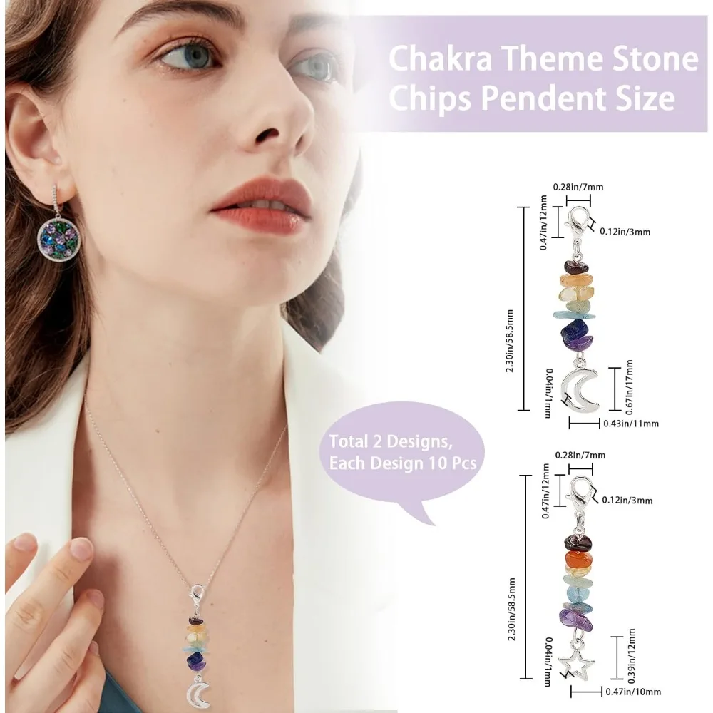 20Pcs/Box Chakra Mixed Stone Chips Pendants Moon Charms Star Charm Lobster Claw Clasps Silver Charms Bulk for Jewelry Making