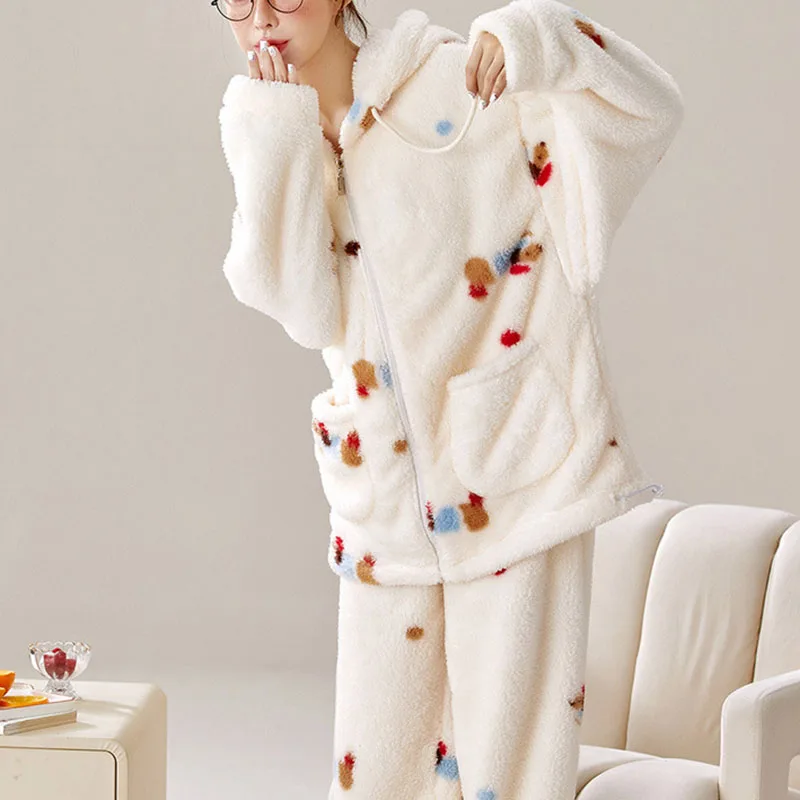 2025 الخريف الشتاء الدافئة مبطن سميكة منامة للنساء الكرتون لطيف مقنعين سترة Homewear عادية لينة بيجامة 2 قطع مجموعة