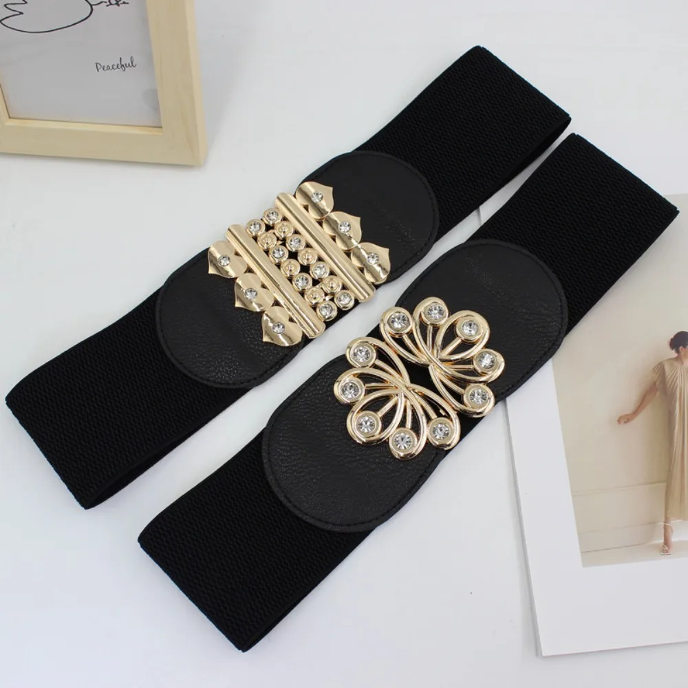 Big Size Waistband Belt Fashion Rhinestone Metal Buckle Elastic Wide Belt Black Stretch Waistband Ladies