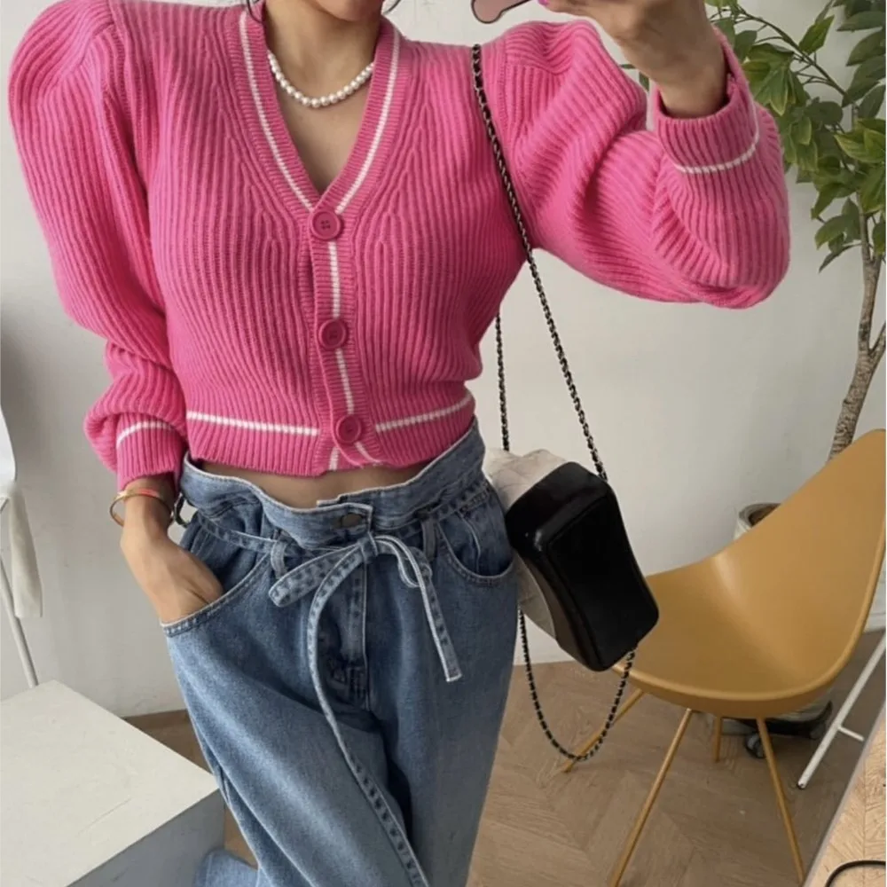 Puff Sleeve Spring Autumn Knitted V Neck Cardigan Women Long Sleeve Korean Fashion Sweter Woman Cardigan Ladies Coats Tops