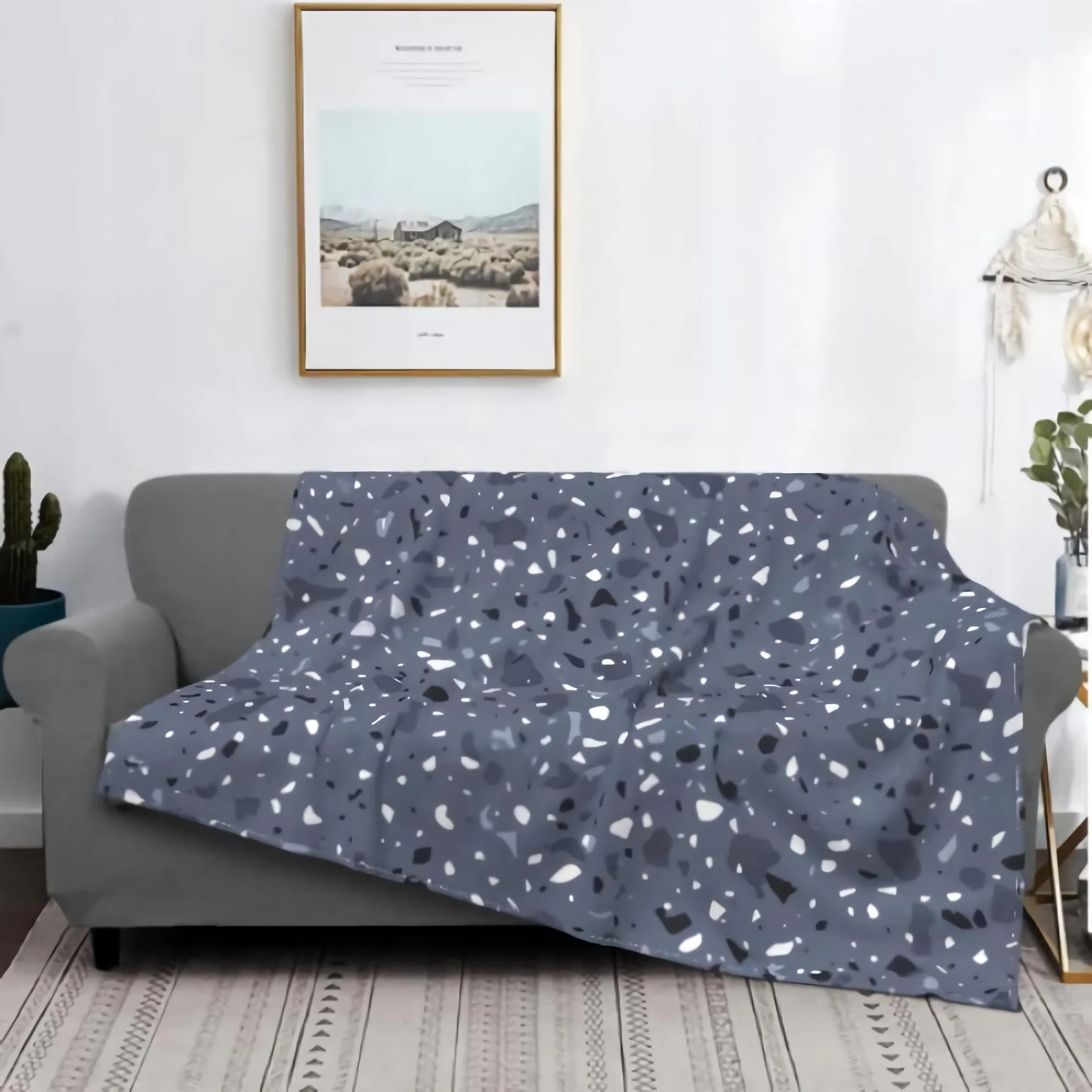 Comfort Velvet Super Soft Terrazzo Flooring Dark Prints Blanket Home Décor Warm Throws for Winter Bedding Couch and Gift