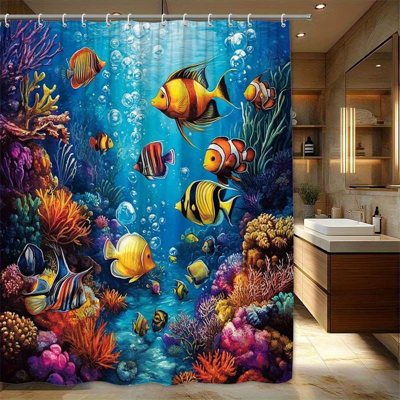 

Underwater Marine Life Shower Curtain Tropical Fish Coral Reef Polyester Washable with 12 Hooks for Bathroom Decor