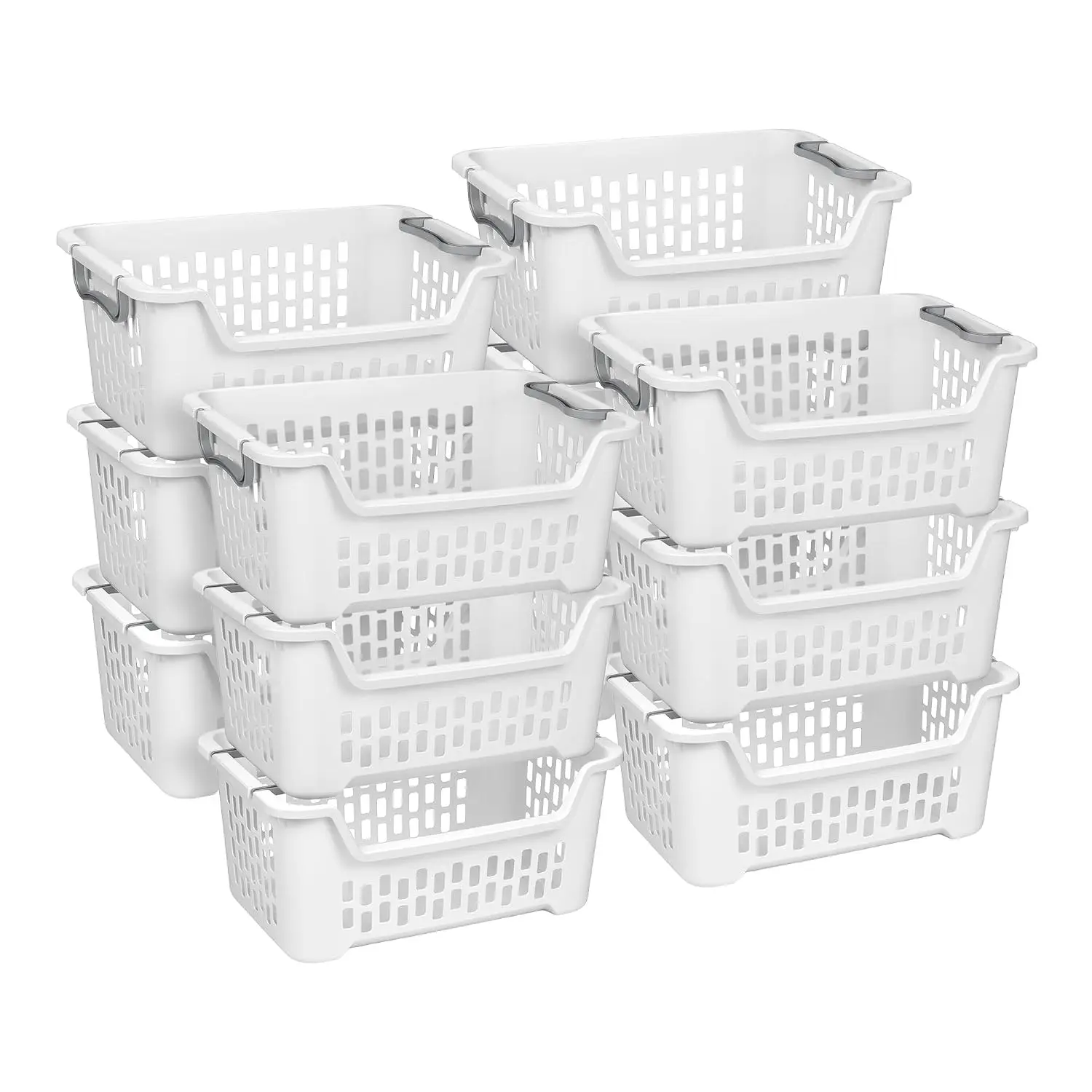 12 Pack Stackable Plastic Laundry Baskets, 2 Bushel White Clothes Hampers with Handles, Dirty Clothes Storage for Bedroom