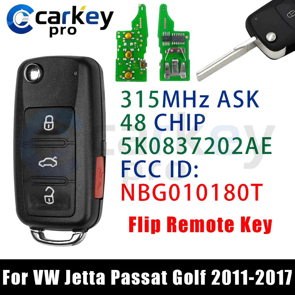 Carkeypro 3+1Buttons 315Mhz NBG010180T Flip Remote Key For VW Jetta Passat Golf Beetle Tiguan EOS 2011-2017