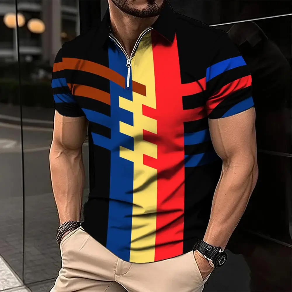 New Men's Zip Polo Shirt 3D Stripe Print Fashion Clothing Summer Casual T-Shirt Mens Polo Shirt Loose Short Sleeve Street Tops