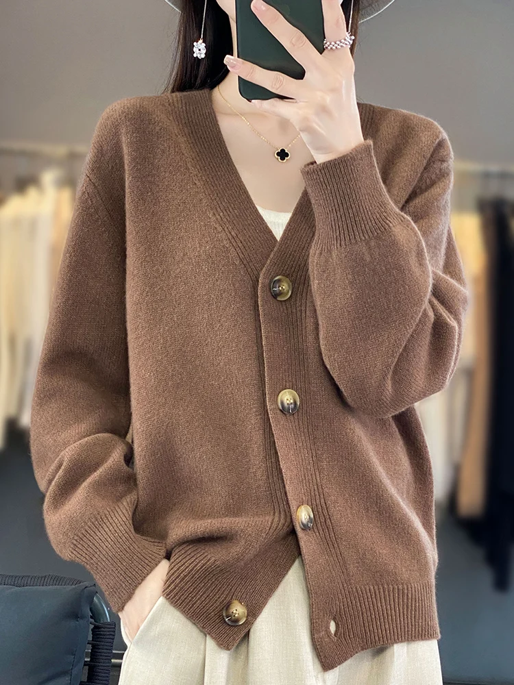 ADDONEE Women V-neck Casual Cardigan Sweater For Spring Autumn Pure Color Long Sleeve Coat 100% Merino Wool Cashmere Knitwear