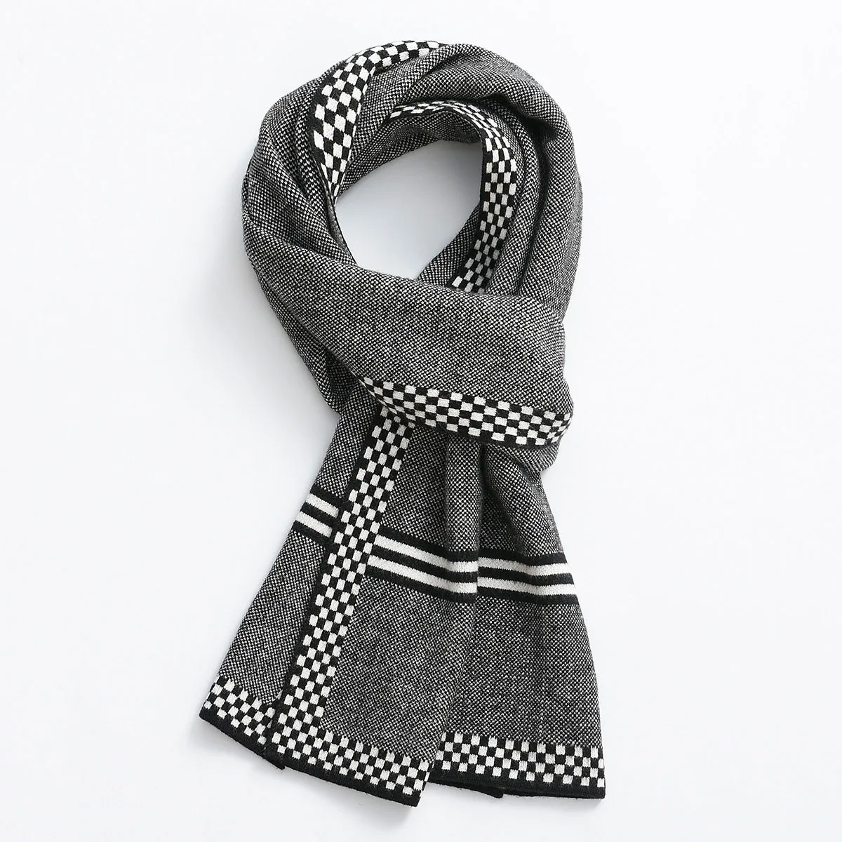 Black And White Checkerboard Pattern Men's Knitted Scarf Imitation Rabbit Hair Thickened Warm Scarf NewAutumn And Winter Scarves