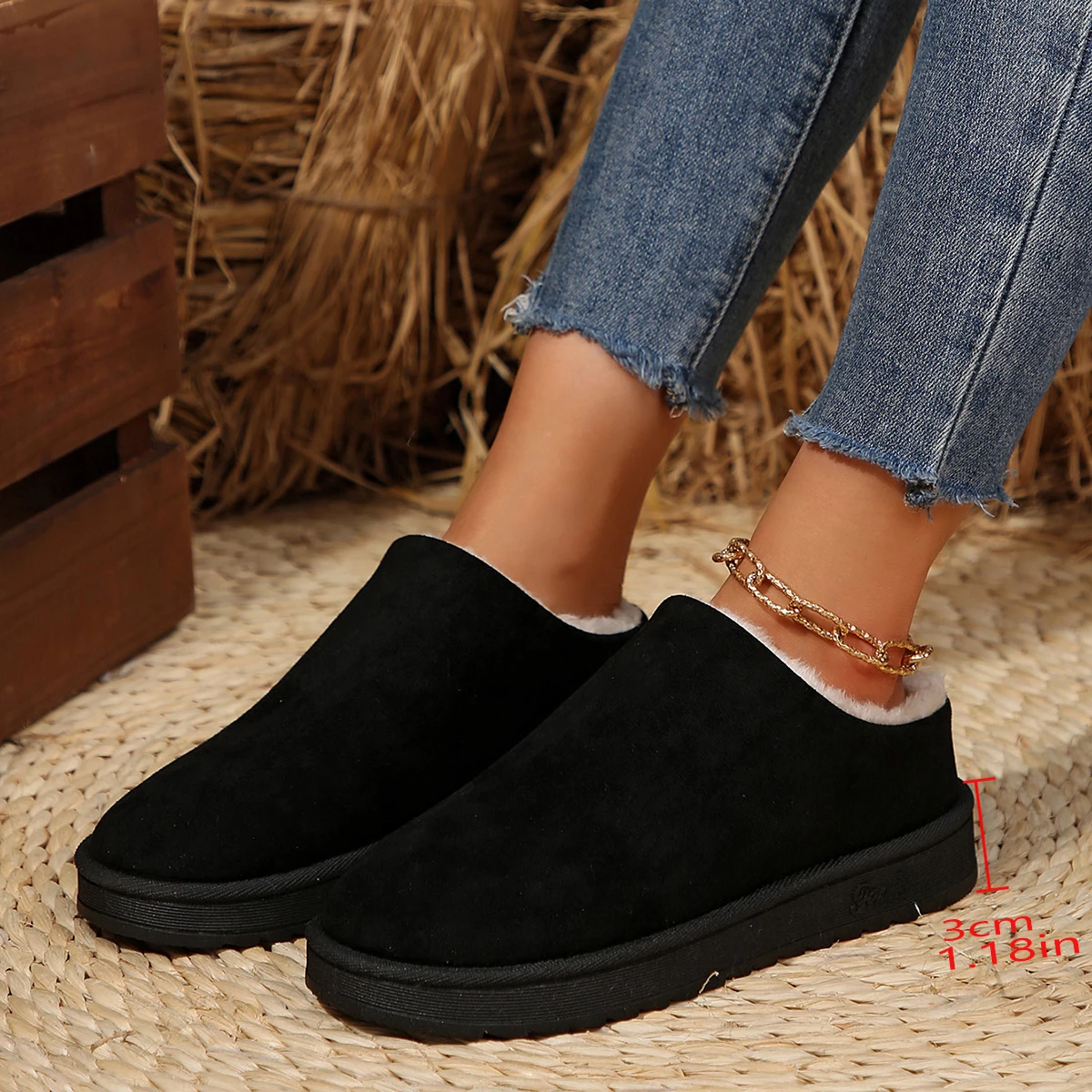 Snow Boots Women Winter New Cashmere Warm Thick Soles Without Heel-covered Hair Half Slipper Cotton Shoes Cashmere Warm Boots