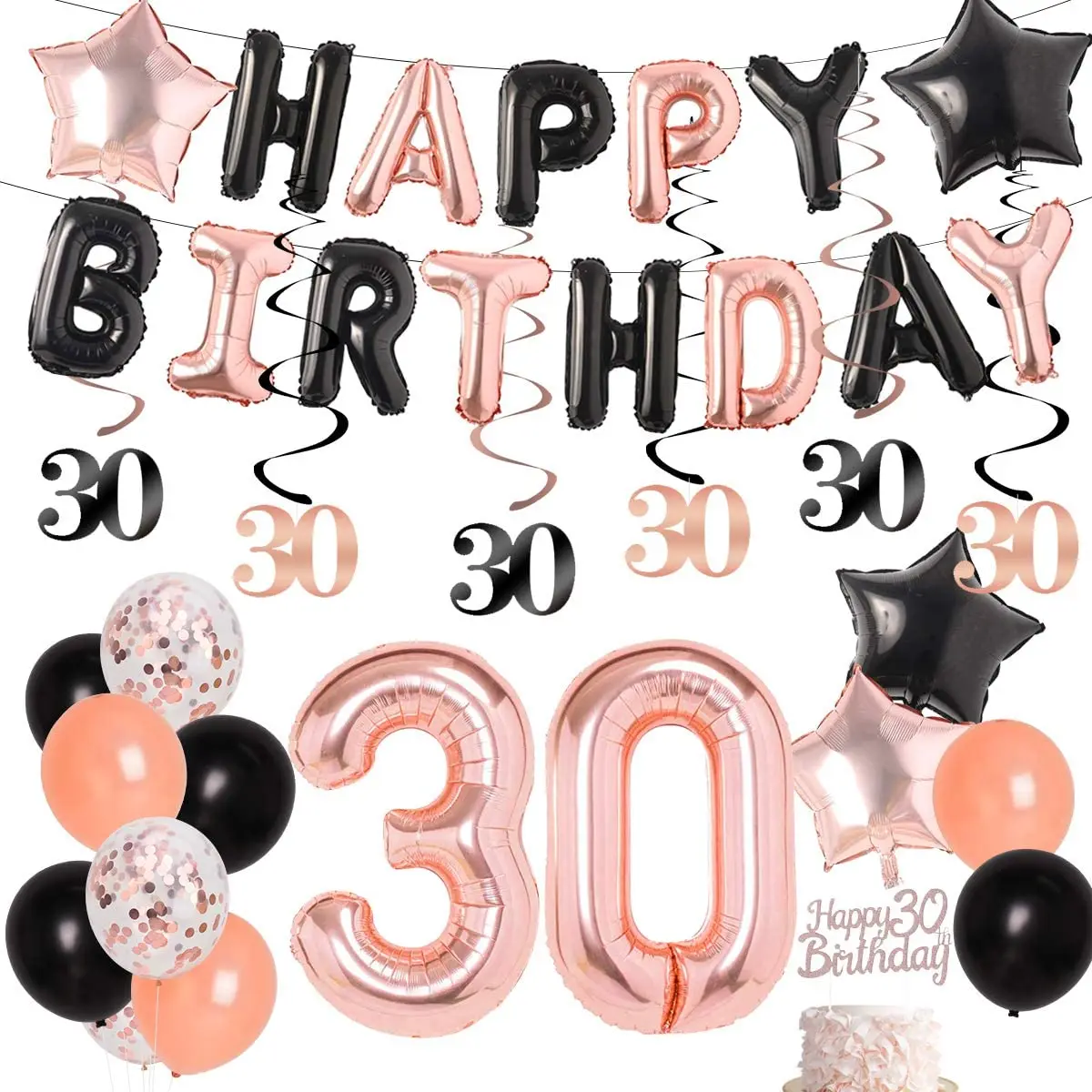 

Rose Gold Foil Balloons Kit for Women, Happy 30th Birthday Banner, Cake Topper, Hanging Swirls, Number 30, Party Decorations